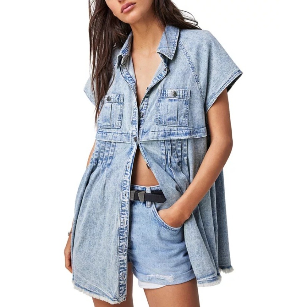 Free People Ronnie Denim‎ Mini Dress In Worn In Wash Size XS NWT - Picture 4 of 11
